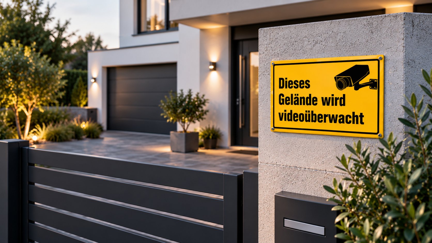 Videoüberwachungsschild an einem modernen Hauseingang in der Abenddämmerung